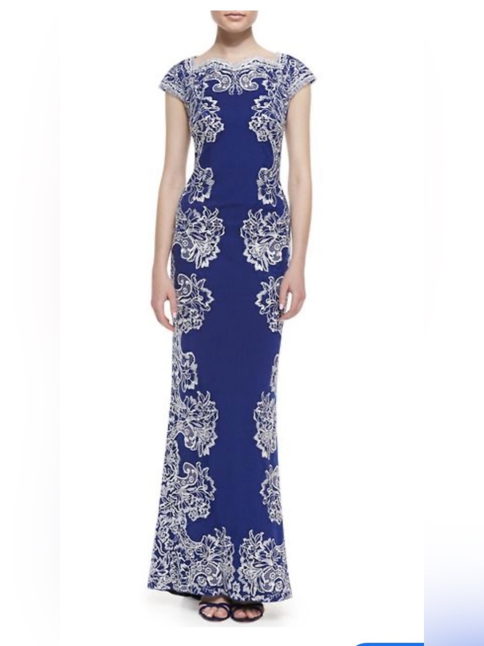 Tadashi Shoji Royal Blue Maxi Gown with White Embroidered Appliqué Size L